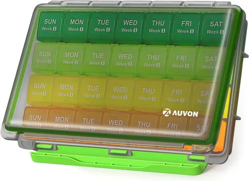 Vista 9 de AUVON Organizador de pastillas mensual a prueba de humedad, estuche grande de 28 días con filas de organizador de medicamentos de 4 semanas
