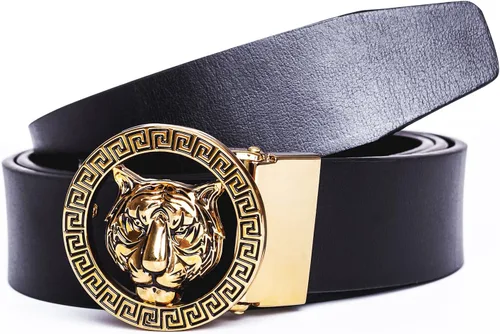 Vista 4 de Cinturón de cuero de vaca original con hebilla de tigre de oro y plata de lujo para hombre de 1.378 in