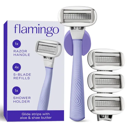 Vista 9 de Flamingo Juego de maquinilla de afeitar para mujer, mango de afeitar, 4 recambios de cuchillas de afeitar, soporte de ducha, cromado