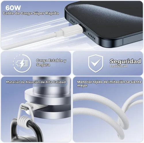 Vista 3 de Cargador de Carga Rápida para iPhone 16 15, Paquete de 2 Cargador USB C PD de 20W Bloque Tipo C con Cable de Carga Rápida USB C a C Cable Tejido