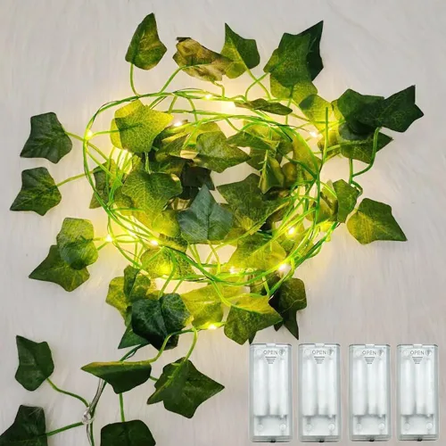 Vista 9 de Fielegen Ivy Vine de 6.56 pies con 20 luces LED de hadas, paquete de 2 2 pack ivy garland with lights, no assembly needed. 2AA battery powered.
