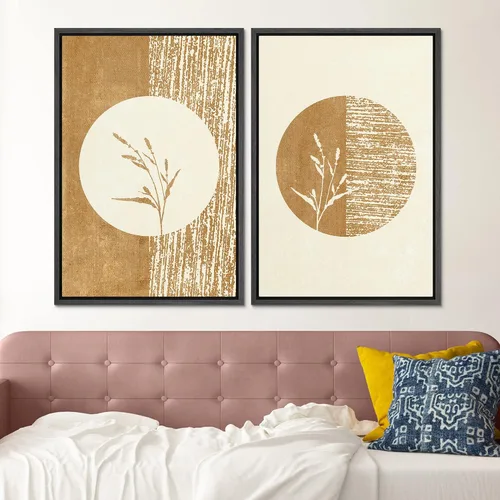 Vista 2 de SIGNFORD Lienzo enmarcado para pared, juego de arte geométrico retro de mediados de siglo, plantas forestales, ilustraciones con formas abstractas