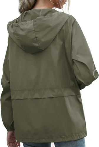 Vista 3 de PESION Chaqueta impermeable ligera para mujer, rompevientos con capucha y bolsillo para exteriores Verde militar