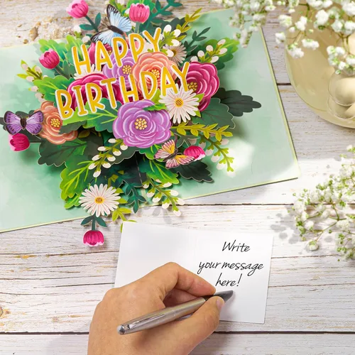 Vista 5 de POPWOW Tarjeta desplegable de feliz cumpleaños, flores y mariposas, tarjeta de felicitación 3D floral, regalo para mamá, hermana, mujer, abuela
