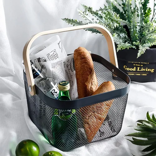 Vista 2 de Cesta organizadora de almacenamiento de malla de acero, cesta de frutas con mango de madera, ideal para cocina, baño, cestas de picnic, despensa
