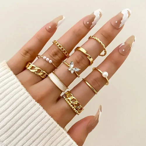 Vista 2 de Juego de anillos de oro para mujeres, adolescentes y niñas, juego de anillos dorados para nudillos, anillos vintage apilables bohemios, anillos