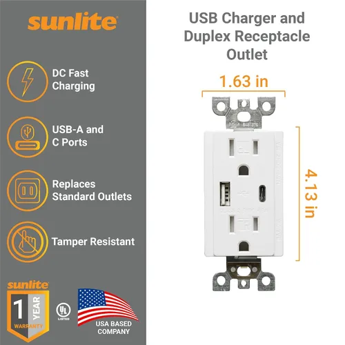 Vista 3 de Sunlite 08154 Cargador USB y receptáculo dúplex, puertos USB-A/C, CC 4.8A 5A, 15A-125VAC, estilo decorador, resistente a manipulaciones, blanco
