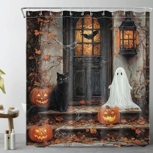 Vista 31 de HVEST Cortina de ducha con ganchos, calabaza espeluznante y fantasma con sombrero de bruja negro, juego de cortina de ducha naranja con flores