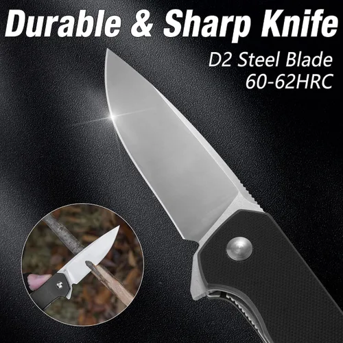 Vista 3 de FLISSA Cuchillo de bolsillo, cuchillo táctico plegable con mango G10, hoja D2, seguro de revestimiento, clip de bolsillo, cuchillo EDC para Negro