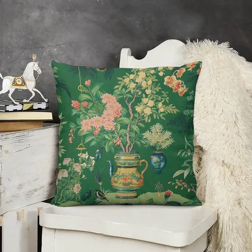 Vista 2 de Funda de almohada tradicional de jarrón Ming verde chinoiserie, funda de cojín asiática de 18 x 18 pulgadas, funda de almohada decorativa de jarrón