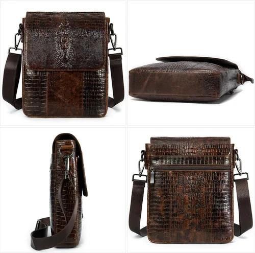 Vista 2 de NIUCUNZH Bolso bandolera de cuero con solapa para hombre pequeño bolso cruzado de hombro novedoso cocodrilo en relieve Café