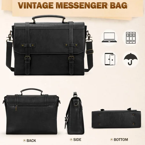Vista 7 de RAINSMORE Bolsa de mensajero para hombre de 17 pulgadas, impermeable, de piel vintage, maletín para laptop, bolsa grande para laptop, cartera, bolsa