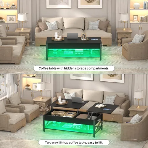 Vista 7 de Aheaplus Mesa de Centro Elevable Negra con Luz LED, Tomas de Corriente y Estante de Almacenamiento, 41.7"An x 19.69"L x 19.7"Al