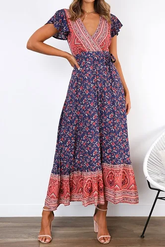 Vista 4 de Vestido R.Vivimos, largo y holgado, con abertura, moño en la cintura, de verano, manga corta, con estampado floral, de playa, bohemio, para mujer