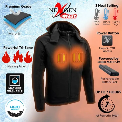 Vista 2 de Nexgen Heat Mens Soft Shell Heated Zipper Front Jacket WDetachable Hood