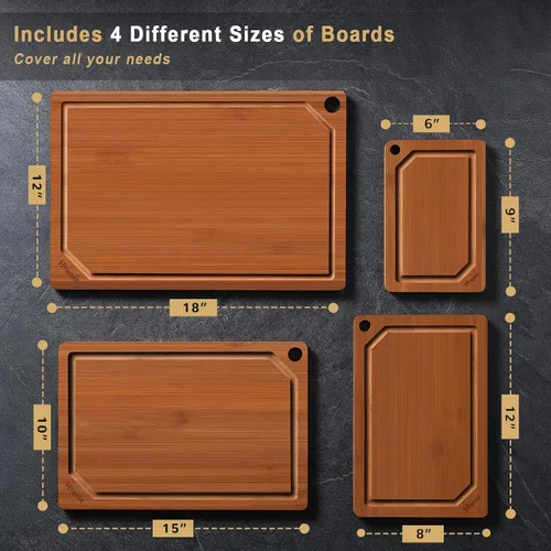 Vista 2 de HIWARE Juego de 4 Piezas de Tablas de Cortar Extra Grandes de Madera - Tablas de Cortar de Bambú para Preparación de Comidas y Servicio