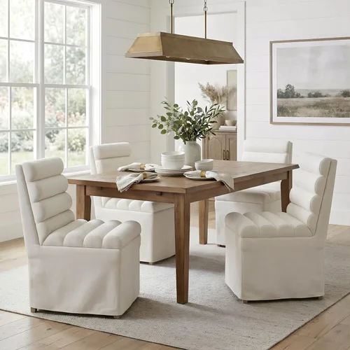 Vista 11 de CIMOTA Juego de 2 sillas de comedor tapizadas, sillas de comedor de tela moderna con respaldo alto cilíndrico/funda con faldón, sillas de cocina sin