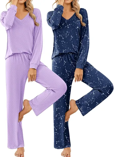 Vista 14 de Ekouaer Conjunto de 2 pijamas para mujer, pijamas de manga larga con camiseta y pantalones, cuello en V, pijamas suaves con bolsillos, ropa