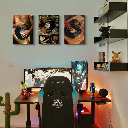 Vista 4 de QWETYY666 3 piezas de arte de pared en lienzo de mujer afroamericana, decoración de pared de personas negras funky negras, pinturas musicales