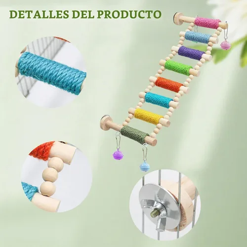Vista 3 de Accesorios para jaula de pájaros, puente de madera con cuerda colorida en escalones, escalera de escalada de pájaros para periquitos, cacatúas