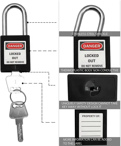 Vista 3 de SAFBY 50 cerraduras de bloqueo con llave con 50 etiquetas de bloqueo, candados seguros Loto para estaciones y dispositivos de bloqueo (1-50 negro)
