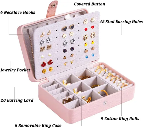 Vista 3 de Joyero pequeño para mujeres y niñas, regalo de cumpleaños, organizador de joyas de viaje de cuero, joyero de viaje pequeño, joyero de viaje