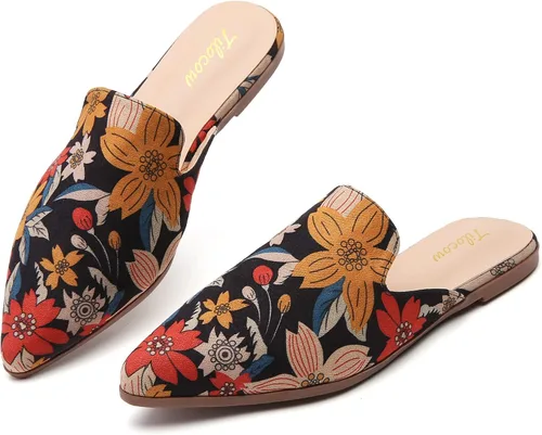 Vista 15 de Tilocow Mules para mujer, cómodos mocasines puntiagudos, sin espalda, planos, zapatos casuales de negocios, deslizantes, sin cordones beige