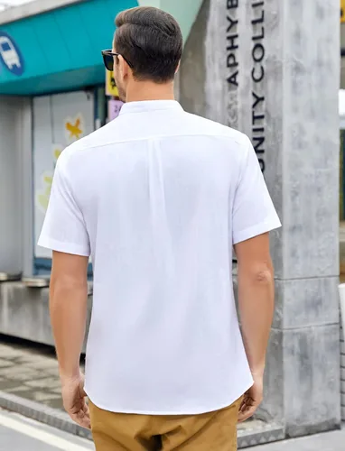 Vista 5 de Ryannology Guayabera - Camisas de lino de manga corta con botones para hombre, estilo casual, playa, campamento cubano, camisa mexicana para hombre