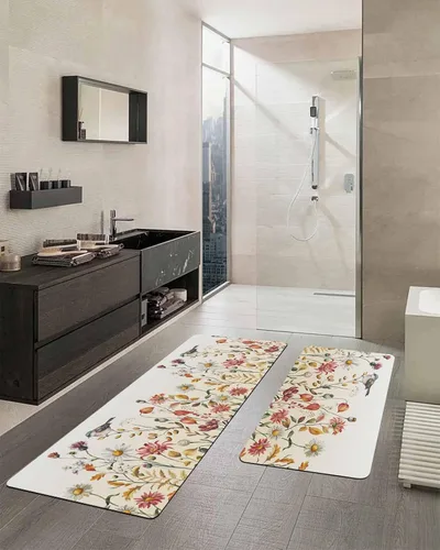 Vista 2 de Tapete de baño antideslizante para bañera, diseño de pájaros y flores, de secado rápido y absorbente, de tierra de diatomeas, tapete de cocina