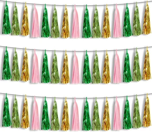 Vista 24 de Banderines de Flecos de Papel Aluminio Negro 3P con Borlas Metálicas Guirnalda de Borlas para Carrozas de Desfile, Despedida de Soltera, Boda