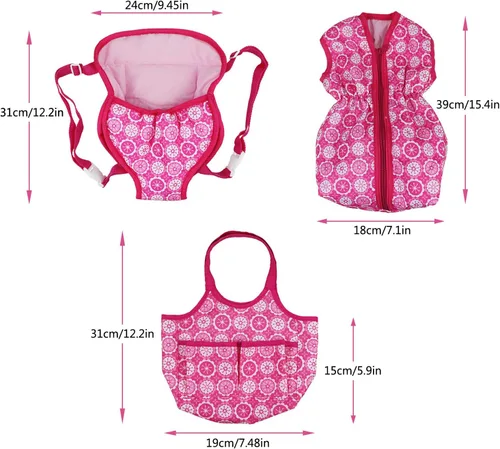 Vista 7 de DC-BEAUTIFUL Juego de 3 accesorios para muñecas con bolso y mochila portadora delantera/trasera y saco de dormir, se adapta a muñecas de 14 a 18