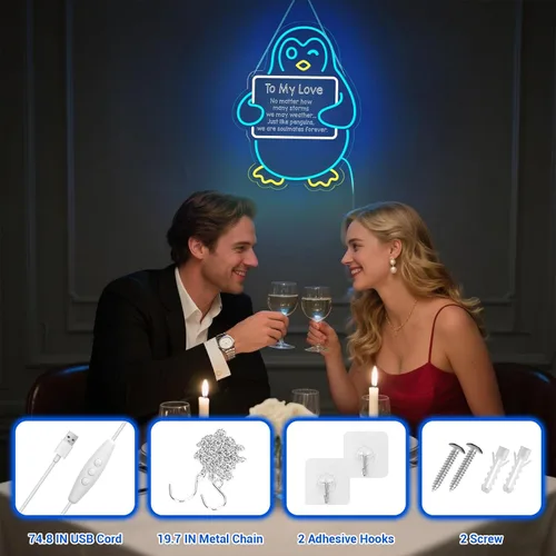 Vista 4 de Regalos para el día de San Valentín para ella, él, novio, novia, letrero de neón LED de pingüino azul, decoración romántica de pared para parejas