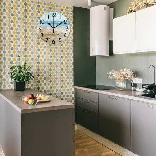 Vista 4 de Naanle Reloj de pared redondo con estampado de perlas grandes, diseño de concha de playa de verano 3D, elegante, decorativo, de 9.5 pulgadas