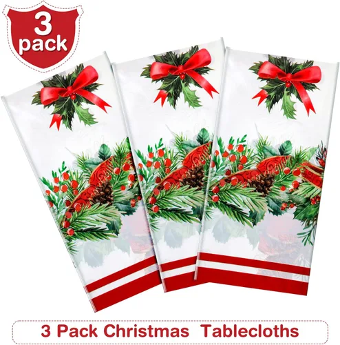 Vista 4 de Tiamon Manteles de plástico de 3 piezas, impermeables, desechables, rectangulares, fundas de mesa de Navidad para suministros de fiesta de Navidad