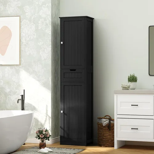 Vista 7 de Iwell Armario de baño alto negro con 2 puertas y 1 cajón, armario de almacenamiento de baño con estantes ajustables, unidad de almacenamiento