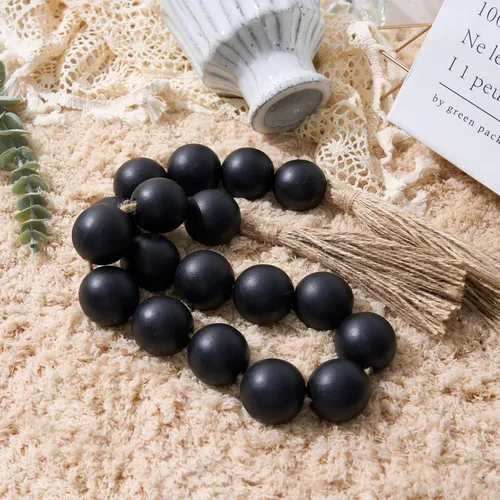 Vista 79 de OMISHE Guirnalda de cuentas de madera extra grande con cuentas de madera y borlas de 1.6 pulgadas de diámetro, cuentas decorativas rústicas de 41