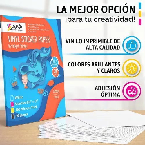Vista 4 de Papel adhesivo de vinilo para imprimir - Papel impermeable para calcomanías para impresora de inyección de tinta - 30 hojas autoadhesivas - Blanco
