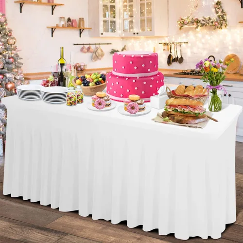 Vista 8 de Falda de mesa gruesa de elastano 2 en 1 y funda de 6 pies, mantel rectangular ajustable con falda plisada, mantel rectangular sin arrugas para Negro