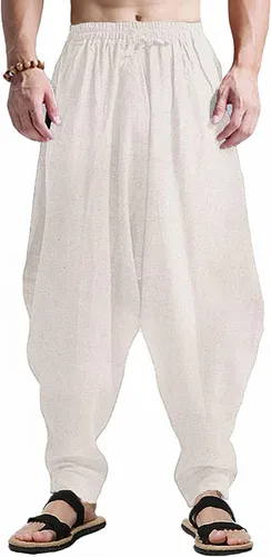 Vista 14 de perdontoo Pantalones harén para hombre, ajuste holgado, cintura elástica, cordón ajustable, pantalones hippie Aladdin beige