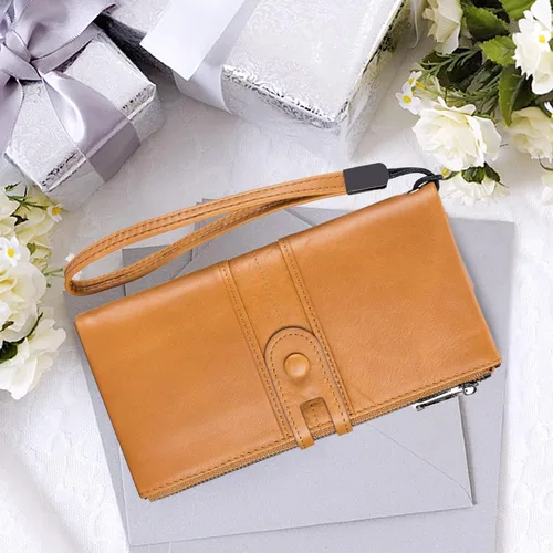 Vista 5 de Roulens Cartera para mujer de gran capacidad de cuero genuino plegable con bloqueo RFID tarjetero con bolsillo con cremallera