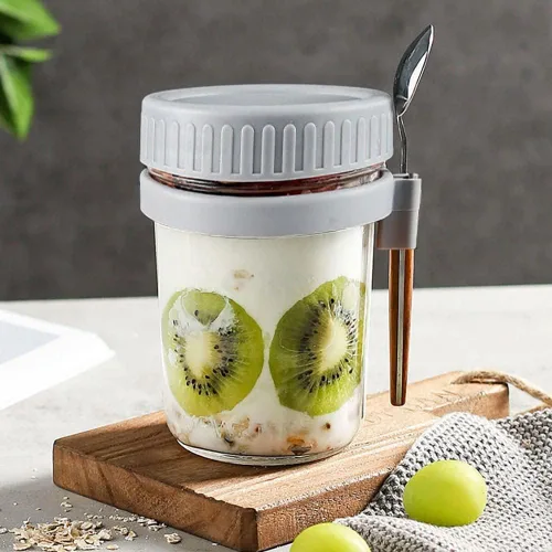 Vista 6 de Contenedor de avena durante la noche, conservas de vidrio de avena con tapas y cuchara, cereales de 10 onzas, leche, ensalada de frutas, con marcas