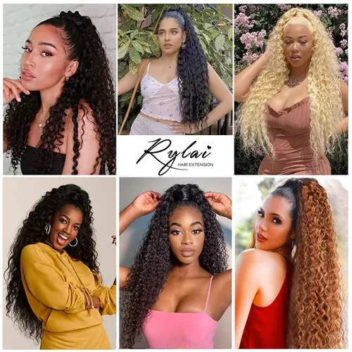 Vista 2 de Extensiones de cola de caballo de color marrón oscuro, extensiones de cabello humano real rizado con cordón, extensiones de cabello humano real