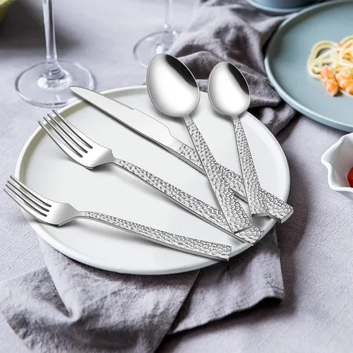 Vista 3 de E-far - Juego de cubiertos de 35 piezas con piezas de servir, cubiertos martillados de acero inoxidable para 6, moderno juego de cubiertos con borde