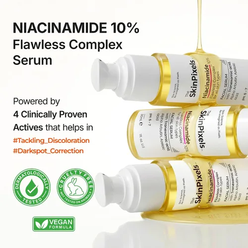 Vista 2 de The SkinPixels Suero facial iluminador y resplandor de niacinamida al 10% – Reduce las manchas oscuras, el acné, las líneas finas y las arrugas