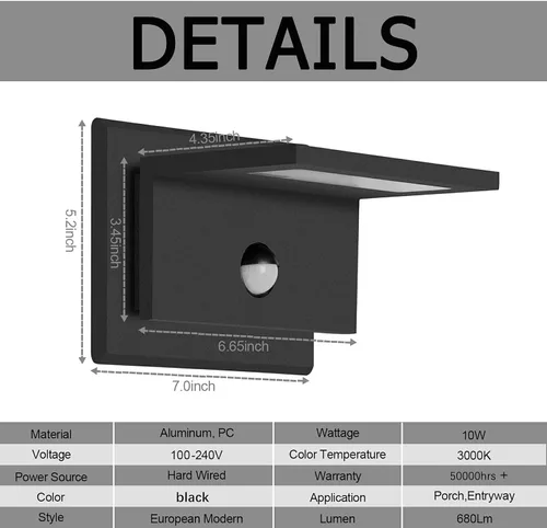 Vista 6 de Lámpara de pared para exteriores, sensor de movimiento, lámpara LED de montaje en pared, moderna lámpara de iluminación exterior de aluminio