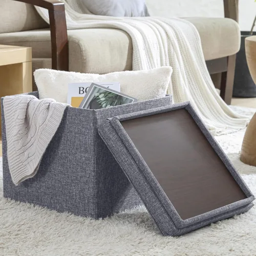 Vista 9 de Ornavo Home Taburete otomano de almacenamiento cuadrado de lino, plegable, con cubo, reposapiés, con tapa de mesa, mesa auxiliar, otomana, 15 x 15 x