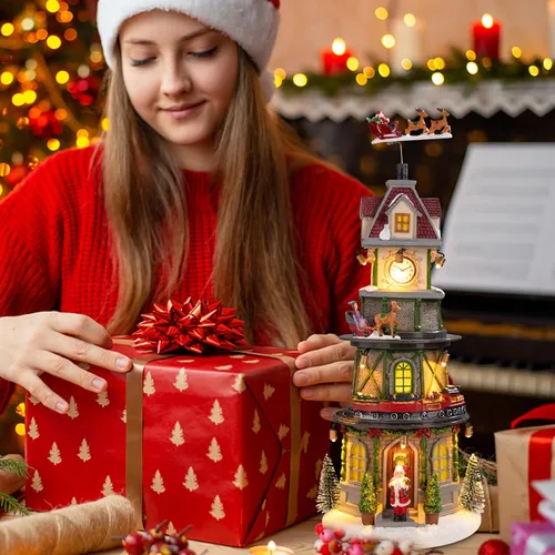 Vista 3 de Casas de Pueblo Navideño Edificios Coleccionables de Navidad Campanario con Luces LED, Pueblo de Vacaciones Navideñas Musical con USB Figuras