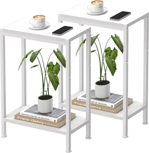 Vista 10 de Mesa auxiliar estrecha para espacios pequeños, mesa auxiliar delgada de 2 niveles, mesita de noche delgada, mesa de sofá delgada para aperitivos
