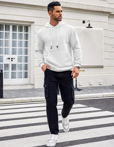 Vista 2 de COOFANDY Sudadera con capucha para hombre, de manga larga, a la moda, para gimnasio, atlética, a cuadros, jacquard, con bolsillo