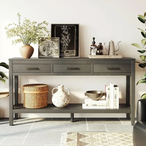 Vista 10 de Quarte Elegante mesa consola con tres cajones de almacenamiento, mesa de sofá extra larga para entrada, pasillo, sala de estar, vestíbulo, pasillo